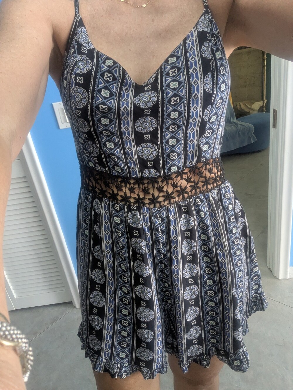 Hollister Navy & White Silky Flowy Spaghetti-Strap Romper Lace Waist Large
